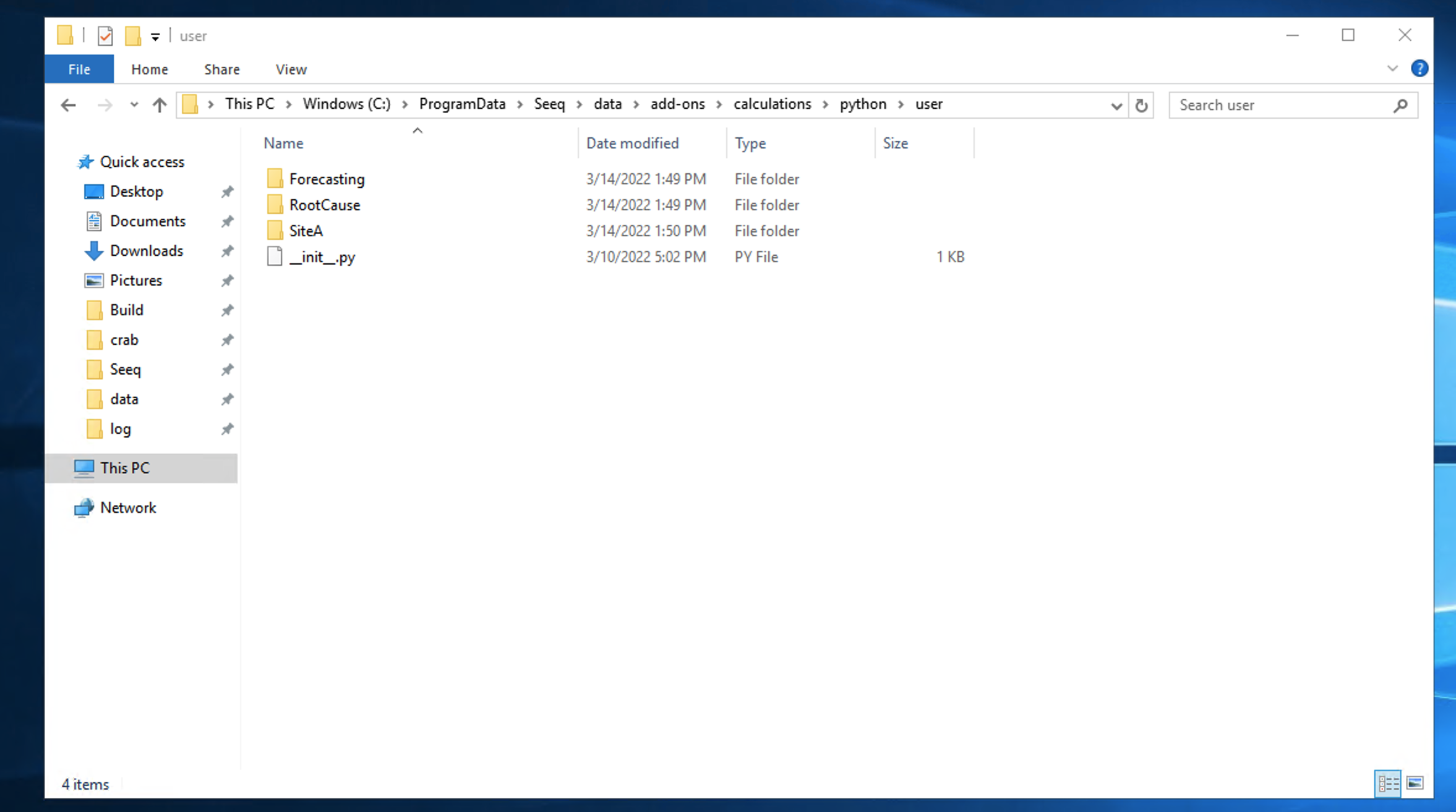 Three packages in the user folder - Forecasting, RootCause, and SiteA